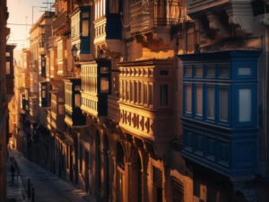 Doradon Alley, Blue Windows: European-style Alley under the Puesta de sol Glow"