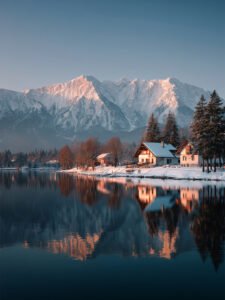 Nieve al Atardecer, Reflejada en el Lago