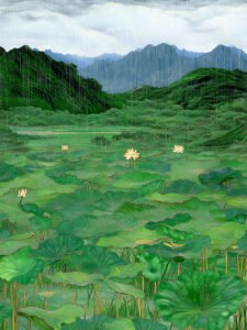 Estanque de Lotos bajo la Lluvia Suave