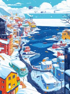 ‌Espléndida Vista de un Pueblo Costero en Invierno