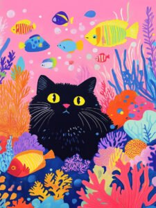 ‌Gato Negro Explorando el Mar · Reino Secreto Fantástico