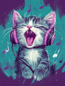 ‌Gatito lindo disfrutando del tiempo de música