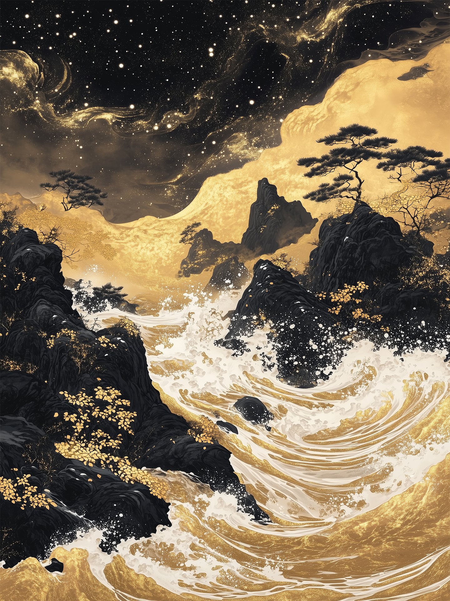 Pintura de paisaje con ritmo dorado