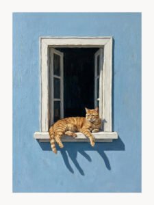 Gato Naranja en Pared Azul
